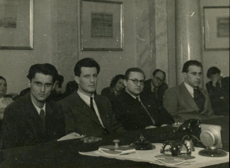 A Baumgarten-díj kiosztásán. Lakatos István, Karinthy Ferenc, Szigeti József, Benjámin László (Budapest, 1949 január 18.)