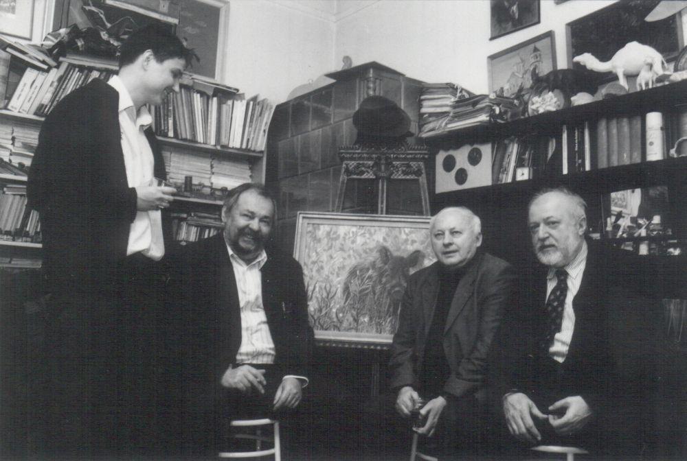 Évzáró buli Szunyoghy András műtermében, 2003. dec. 31. (Lázár Ervin és fia, Ágh István, Szunyoghy András)